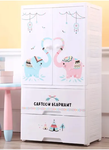 3-Tier 2 Big Drawers &amp; 2 Closet Doors Elephant Design Children's Plastic Storage Cabinet with Wheel Legs, Multi-Use Bedroom Cabinet Organizer 7283C (W57 x D38 x H121)cm - White