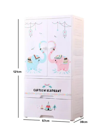 3-Tier 2 Big Drawers &amp; 2 Closet Doors Elephant Design Children's Plastic Storage Cabinet with Wheel Legs, Multi-Use Bedroom Cabinet Organizer 7283C (W57 x D38 x H121)cm - White
