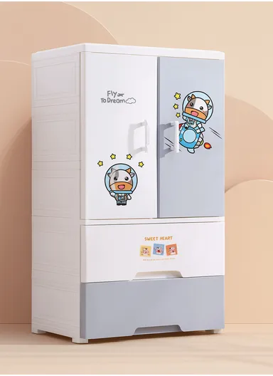 3-Tier 2 Big Drawers &amp; 2 Closet Door Cartoon Design Plastic Storage Cabinet with Wheel Legs, Multi-Use Bedroom Cabinet Organizer 505237 (W50 x D40 x H122)cm - White &amp; Grey