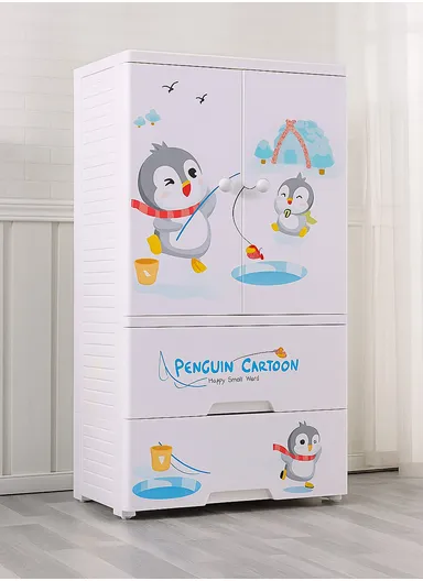 3-Tier 2 Big Drawers &amp; 2 Closet Doors Penguin Design Children's Plastic Storage Cabinet with Wheel Legs, Multi-Use Bedroom Cabinet Organizer 7213C (W57 x D38 x H121)cm - White