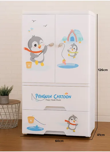 3-Tier 2 Big Drawers &amp; 2 Closet Doors Penguin Design Children's Plastic Storage Cabinet with Wheel Legs, Multi-Use Bedroom Cabinet Organizer 7213C (W57 x D38 x H121)cm - White