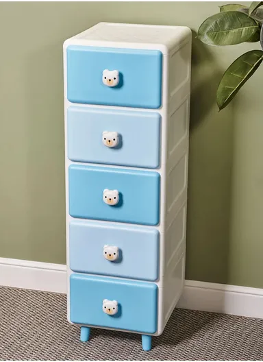 6-Tier Stackable Drawer Large Capacity Plastic Children's Storage Cabinet Organizer with Teddy Bear Handle, Multi-Use Divider Drawer Room Furniture Storage Organizer Cabinet 13506 (W35 x D43 x H129)cm - Blue &amp; Baby B