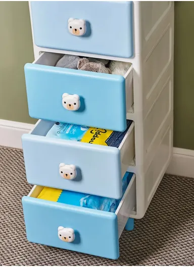 6-Tier Stackable Drawer Large Capacity Plastic Children's Storage Cabinet Organizer with Teddy Bear Handle, Multi-Use Divider Drawer Room Furniture Storage Organizer Cabinet 13506 (W35 x D43 x H129)cm - Blue &amp; Baby B