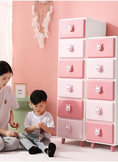 6-Tier Stackable Drawer Large Capacity Plastic Children's Storage Cabinet Organizer with Teddy Bear Handle, Multi-Use Divider Drawer Room Furniture Storage Organizer Cabinet 13506 (W35 x D43 x H129)cm - Blue &amp; Baby B