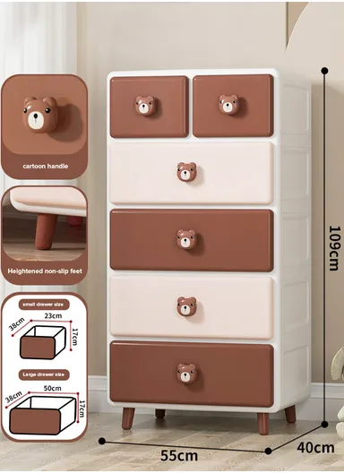 5-Tier Large Capacity Plastic Storage Cabinet Organizer with Cartoon Design, Anti-Fall Buckle &amp; Rounded Corners, Multi-Use Drawer Furniture Storage Cabinet 15506 (W55 x D40 x H109)cm – Brown &amp; White