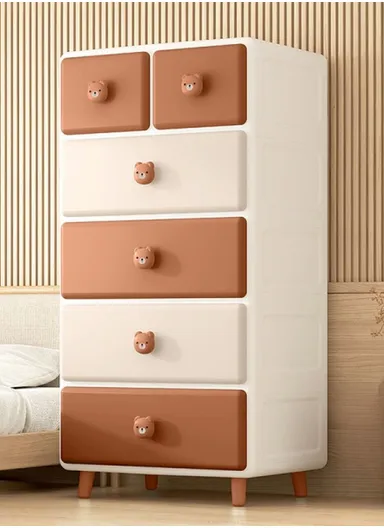 5-Tier Large Capacity Plastic Storage Cabinet Organizer with Cartoon Design, Anti-Fall Buckle &amp; Rounded Corners, Multi-Use Drawer Furniture Storage Cabinet 15506 (W55 x D40 x H109)cm – Brown &amp; White