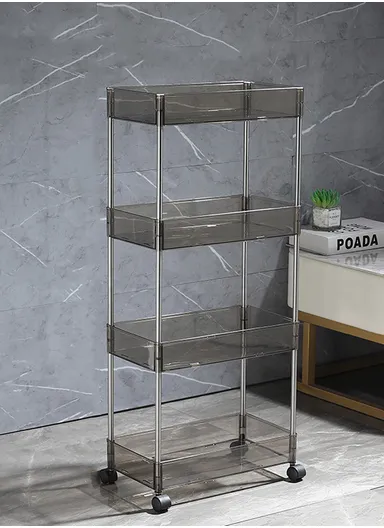 4-Tier Plastic Storage Racks Holders with Wheels, Multi-Purpose Bathroom Kitchen Organizer Racks (W38 x D21.5 x H90)cm - Transparent Black