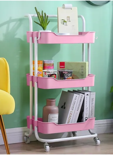 3-Tier Plastic Storage Racks Holders with Wheels, Multi-Purpose Bathroom Kitchen Organizer Racks 3503 (W42.5 x D35 x H87)cm - Pink
