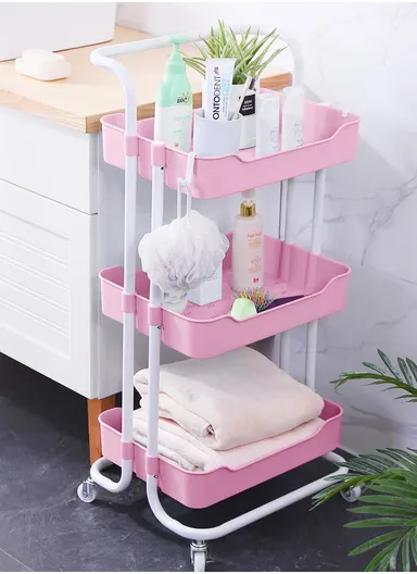 3-Tier Plastic Storage Racks Holders with Wheels, Multi-Purpose Bathroom Kitchen Organizer Racks 3503 (W42.5 x D35 x H87)cm - Pink