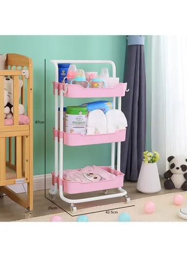 3-Tier Plastic Storage Racks Holders with Wheels, Multi-Purpose Bathroom Kitchen Organizer Racks 3503 (W42.5 x D35 x H87)cm - Pink