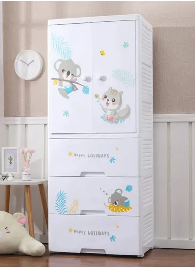 3-Tier Baby Children Plastic Storage Cabinet with 2 Doors, Wardrobe Cartoon Design Cabinet Storage Organizer with Wheels 6014 (W60 x D40 x H114)cm - White