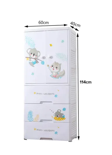 3-Tier Baby Children Plastic Storage Cabinet with 2 Doors, Wardrobe Cartoon Design Cabinet Storage Organizer with Wheels 6014 (W60 x D40 x H114)cm - White
