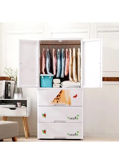 3-Tier Baby Children Plastic Storage Cabinet with 2 Doors, Wardrobe Cartoon Design Cabinet Storage Organizer with Wheels 6014 (W60 x D40 x H114)cm - White