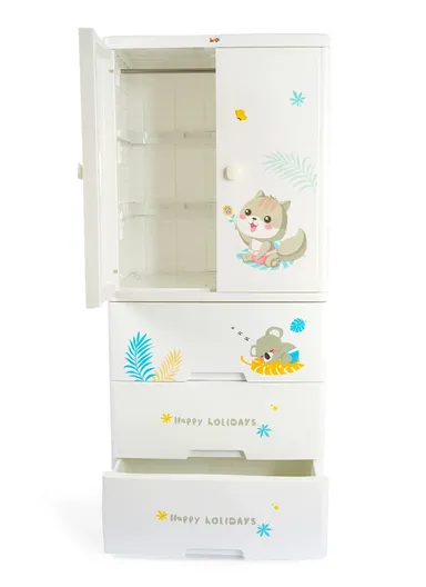 3-Tier Baby Children Plastic Storage Cabinet with 2 Doors, Wardrobe Cartoon Design Cabinet Storage Organizer with Wheels 6014 (W60 x D40 x H114)cm - White