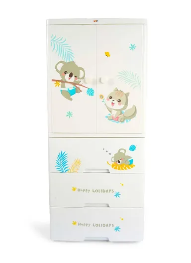 3-Tier Baby Children Plastic Storage Cabinet with 2 Doors, Wardrobe Cartoon Design Cabinet Storage Organizer with Wheels 6014 (W60 x D40 x H114)cm - White