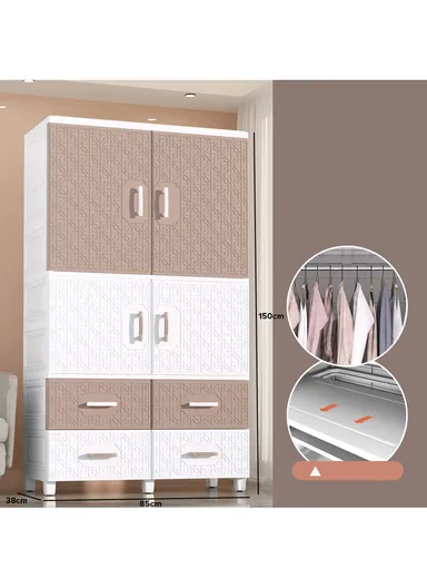 4-Layer 4 Medium Drawers Stackable Plastic Storage Cabinet with 4-Closet Doors, Multi-Purpose Cabinet Organizer Storage 8575288a (W85 x D38 x H150)cm - White &amp; Brown