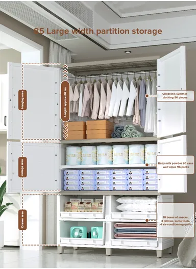 4-Layer 4 Medium Drawers Stackable Plastic Storage Cabinet with 4-Closet Doors, Multi-Purpose Cabinet Organizer Storage 8575288a (W85 x D38 x H150)cm - White &amp; Brown