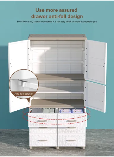 4-Layer 4 Medium Drawers Stackable Plastic Storage Cabinet with 4-Closet Doors, Multi-Purpose Cabinet Organizer Storage 8575288a (W85 x D38 x H150)cm - White &amp; Brown