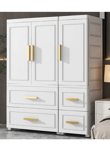 3-Tier 2 Small &amp; 2 Big Drawers Stackable Plastic Storage Cabinet with 3-Closet Doors, Multi-Purpose Cabinet Organizer Storage 86130 (W86 x D37 x H108)cm - White &amp; Gold