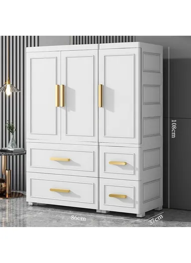 3-Tier 2 Small &amp; 2 Big Drawers Stackable Plastic Storage Cabinet with 3-Closet Doors, Multi-Purpose Cabinet Organizer Storage 86130 (W86 x D37 x H108)cm - White &amp; Gold