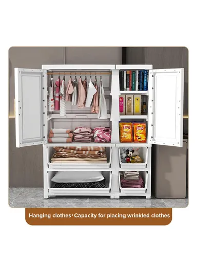 3-Tier 2 Small &amp; 2 Big Drawers Stackable Plastic Storage Cabinet with 3-Closet Doors, Multi-Purpose Cabinet Organizer Storage 86130 (W86 x D37 x H108)cm - White &amp; Gold