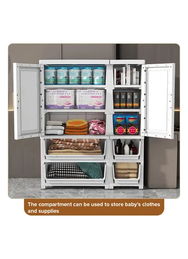 3-Tier 2 Small &amp; 2 Big Drawers Stackable Plastic Storage Cabinet with 3-Closet Doors, Multi-Purpose Cabinet Organizer Storage 86130 (W86 x D37 x H108)cm - White &amp; Gold
