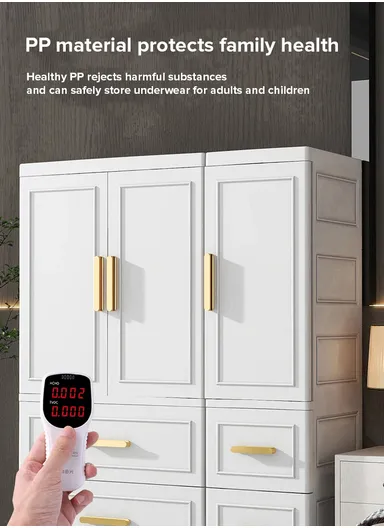 3-Tier 2 Small &amp; 2 Big Drawers Stackable Plastic Storage Cabinet with 3-Closet Doors, Multi-Purpose Cabinet Organizer Storage 86130 (W86 x D37 x H108)cm - White &amp; Gold