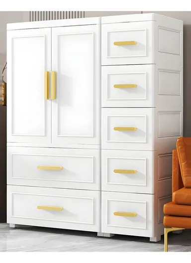 5-Tier 5 Small &amp; 2 Big Drawers Stackable Plastic Storage Cabinet with 2-Closet Doors, Multi-Purpose Cabinet Organizer Storage 86230 (W86 x D37 x H108)cm - White &amp; Gold