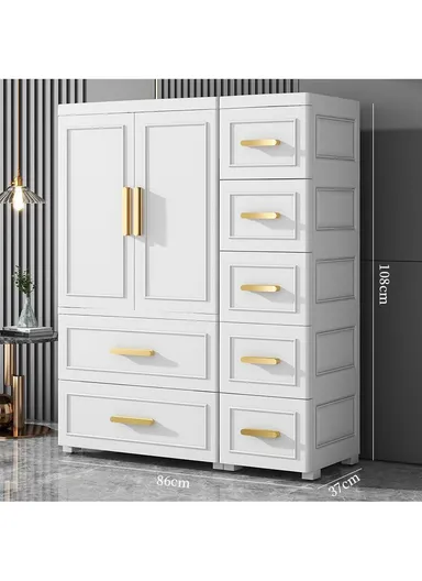 5-Tier 5 Small &amp; 2 Big Drawers Stackable Plastic Storage Cabinet with 2-Closet Doors, Multi-Purpose Cabinet Organizer Storage 86230 (W86 x D37 x H108)cm - White &amp; Gold