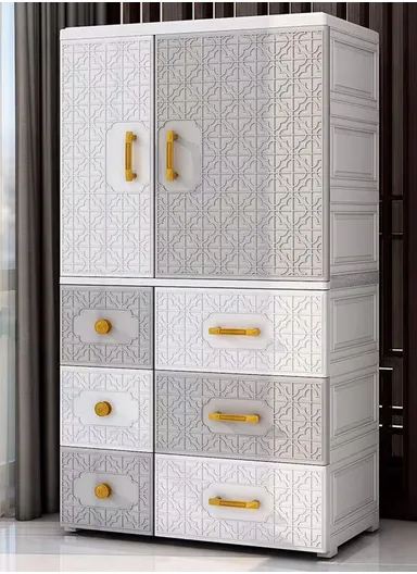 4-Layer 3 Small &amp; 3 Medium Drawers Stackable Plastic Storage Cabinet with 2-Closet Doors, Multi-Purpose Cabinet Organizer Storage 676225 (W67 x D38 x H148)cm - White &amp; Grey