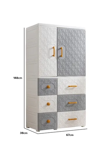 4-Layer 3 Small &amp; 3 Medium Drawers Stackable Plastic Storage Cabinet with 2-Closet Doors, Multi-Purpose Cabinet Organizer Storage 676225 (W67 x D38 x H148)cm - White &amp; Grey