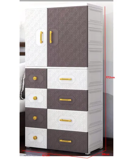 5-Layer 4 Small &amp; 4 Medium Drawers Stackable Plastic Storage Cabinet with 2-Closet Doors, Multi-Purpose Cabinet Organizer Storage 677228 (W67 x D38 x H172)cm - White &amp; Brown