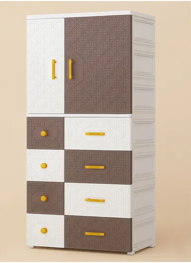 5-Layer 4 Small &amp; 4 Medium Drawers Stackable Plastic Storage Cabinet with 2-Closet Doors, Multi-Purpose Cabinet Organizer Storage 677228 (W67 x D38 x H172)cm - White &amp; Brown