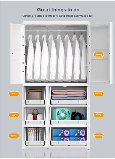 5-Layer 4 Small &amp; 4 Medium Drawers Stackable Plastic Storage Cabinet with 2-Closet Doors, Multi-Purpose Cabinet Organizer Storage 677228 (W67 x D38 x H172)cm - White &amp; Brown