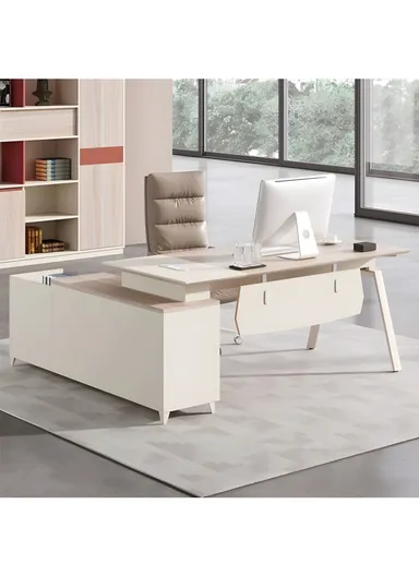 180cm L-Shape Simple Modern Office Desk with 3-Tier Side Cabinet, Iron Frame Executive Artificial Wood Office Desk 571818 (W180 x D80 x H76)cm