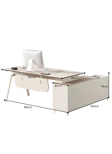 180cm L-Shape Simple Modern Office Desk with 3-Tier Side Cabinet, Iron Frame Executive Artificial Wood Office Desk 571818 (W180 x D80 x H76)cm
