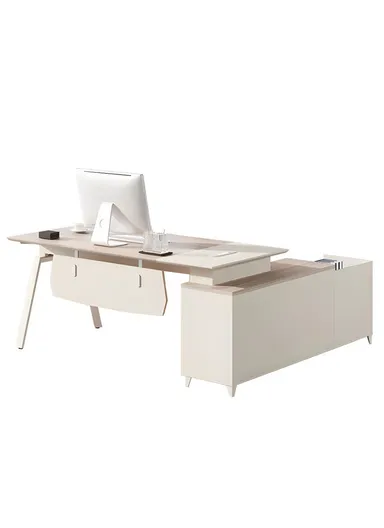 180cm L-Shape Simple Modern Office Desk with 3-Tier Side Cabinet, Iron Frame Executive Artificial Wood Office Desk 571818 (W180 x D80 x H76)cm