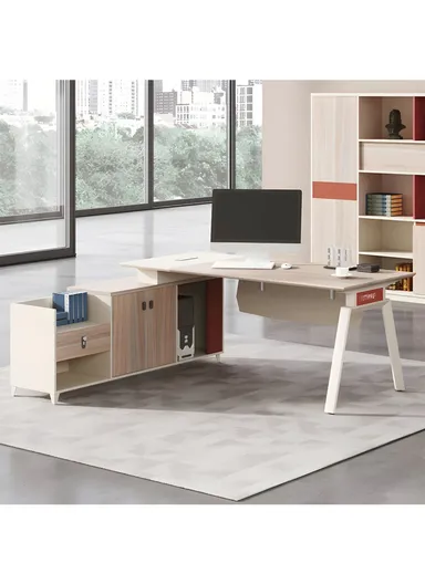 180cm L-Shape Simple Modern Office Desk with 3-Tier Side Cabinet, Iron Frame Executive Artificial Wood Office Desk 571818 (W180 x D80 x H76)cm