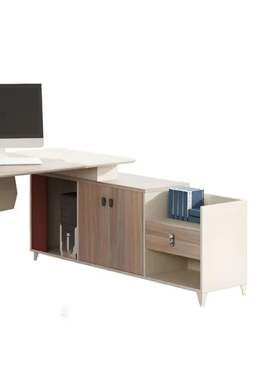 180cm L-Shape Simple Modern Office Desk with 3-Tier Side Cabinet, Iron Frame Executive Artificial Wood Office Desk 571818 (W180 x D80 x H76)cm