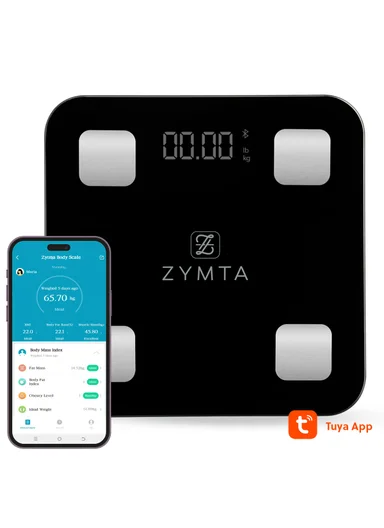 180Kg Max Load Bluetooth Smart Digital Smart Body Scale with Tuya APP, 18 Body Analysis &amp; LCD Display (L28 x W28 x H2.5)cm - Black