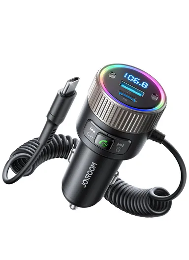 60W Fast Charging Car Bluetooth-compatible Transmitter Audio Adapter with Spring Type-C Cable JR-CCB02 -Black 