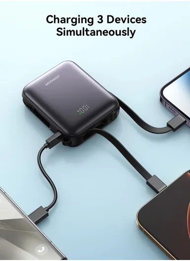 10000mAh 22.5W Digital Display Fast Charging Mini Power Bank with Dual Cables Type-C + Lightning iPhone JR-PBF27 - Black