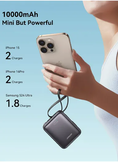 10000mAh 22.5W Digital Display Fast Charging Mini Power Bank with Dual Cables Type-C + Lightning iPhone JR-PBF27 - Black