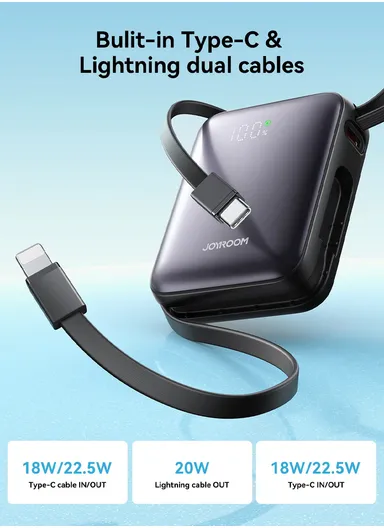 10000mAh 22.5W Digital Display Fast Charging Mini Power Bank with Dual Cables Type-C + Lightning iPhone JR-PBF27 - Black