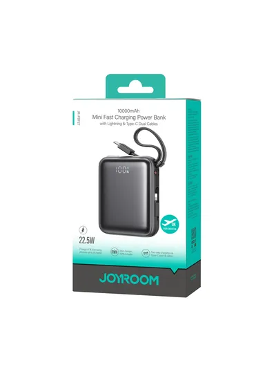 10000mAh 22.5W Digital Display Fast Charging Mini Power Bank with Dual Cables Type-C + Lightning iPhone JR-PBF27 - Black