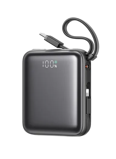 10000mAh 22.5W Digital Display Fast Charging Mini Power Bank with Dual Cables Type-C + Lightning iPhone JR-PBF27 - Black