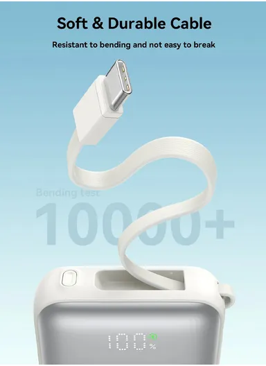 10000mAh 22.5W Digital Display Fast Charging Mini Power Bank with Dual Cables Type-C + Lightning iPhone JR-PBF27 - White