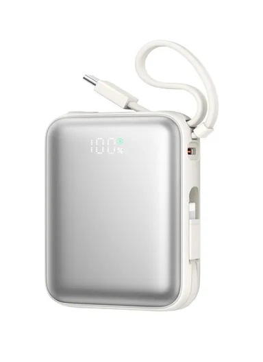 10000mAh 22.5W Digital Display Fast Charging Mini Power Bank with Dual Cables Type-C + Lightning iPhone JR-PBF27 - White