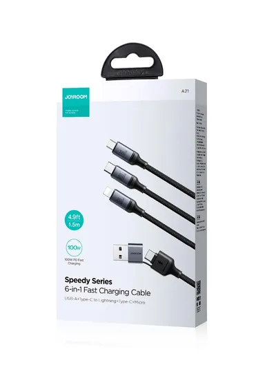 1.5m 100W 6-in-1 Speedy Series Fast Charging Cable USB-A+ Type-C to L+C+M S-A21 - Black