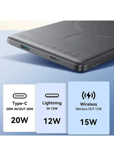 20W 5000mAh Magnetic Wireless &amp; Wired Power Bank with Ring Holder JR-PBM08 - Space Grey